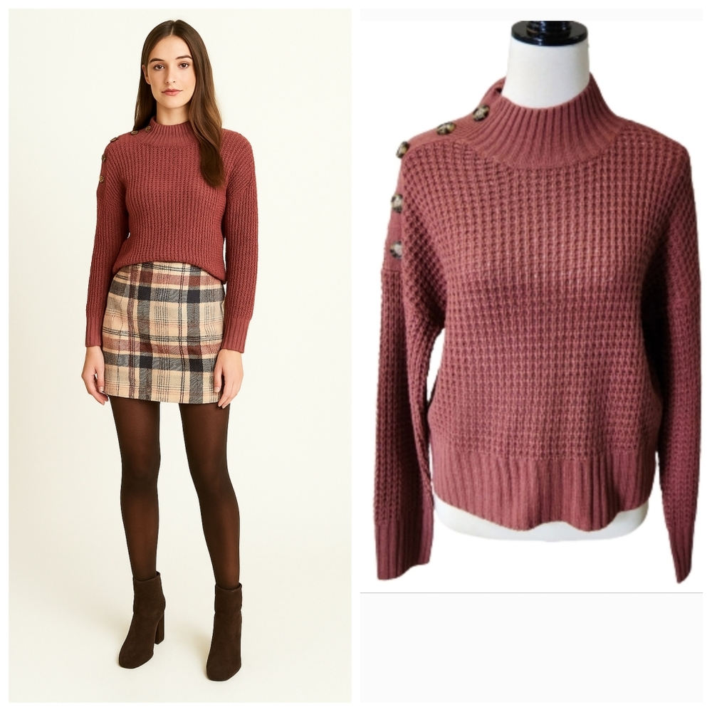 Full Circle Trends turtleneck waffle knit cropped sweater w/ buttons size large